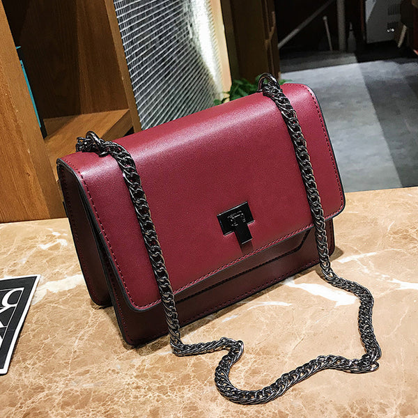 Smooth Synthetic Leather Crossbody Box Bag with Metal chain