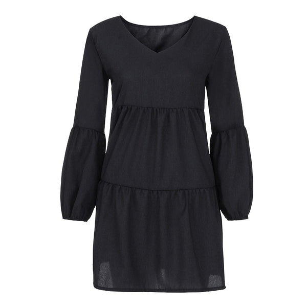 Women v-Neck Mini Regular Draped Tunic Long Sleeve Party Dress