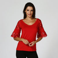 Women Solid O-Neck Lace Stitching Regular Top