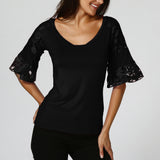 Women Solid O-Neck Lace Stitching Regular Top