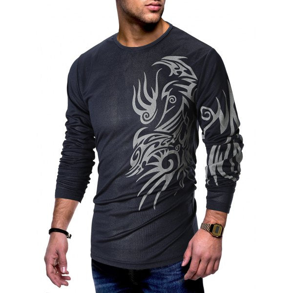 Men Long Sleeve Printed Round Neck T Shirt