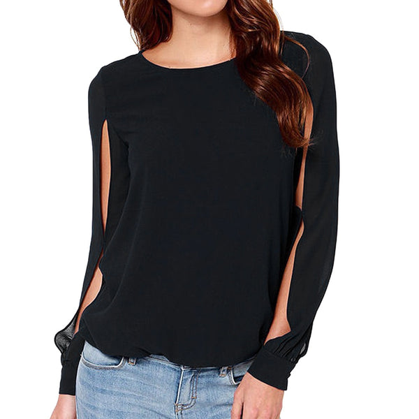 Fashion Women Full Long Hollow Cut Sleeve O-Neck Designer Top