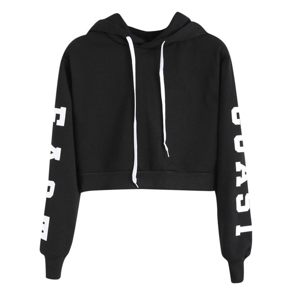 Women Letter Pattern Regular Short Length Hooded Pullovers Polyester Full Sleeve Sweatshirt