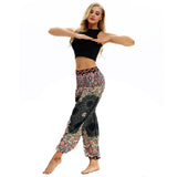 Women Polyester Full Length Bohemian Loose Fit Elastic Waist Print Pattern Flat Straight Trousers