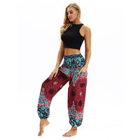 Women Polyester Full Length Bohemian Loose Fit Elastic Waist Print Pattern Flat Straight Trousers