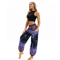 Women Polyester Full Length Bohemian Loose Fit Elastic Waist Print Pattern Flat Straight Trousers