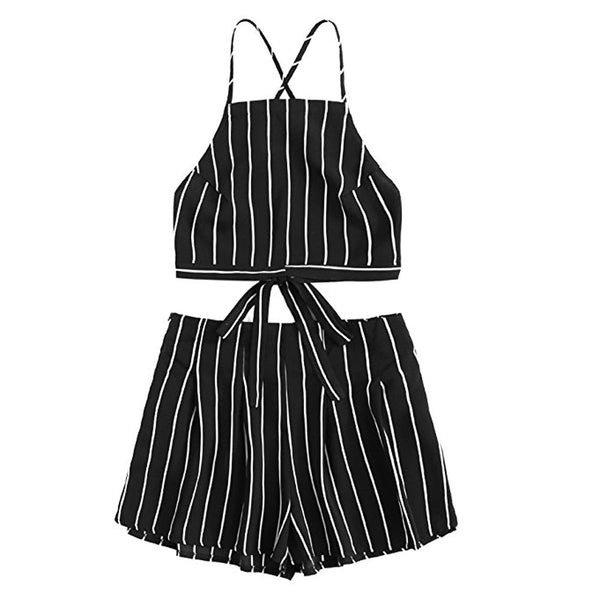Women's Hot Backless Striped Mini Crop and Shorts Set
