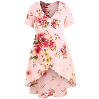 Women Polyester Regular Length Casual Short Sleeve Floral Pattern V-Neck Blouse