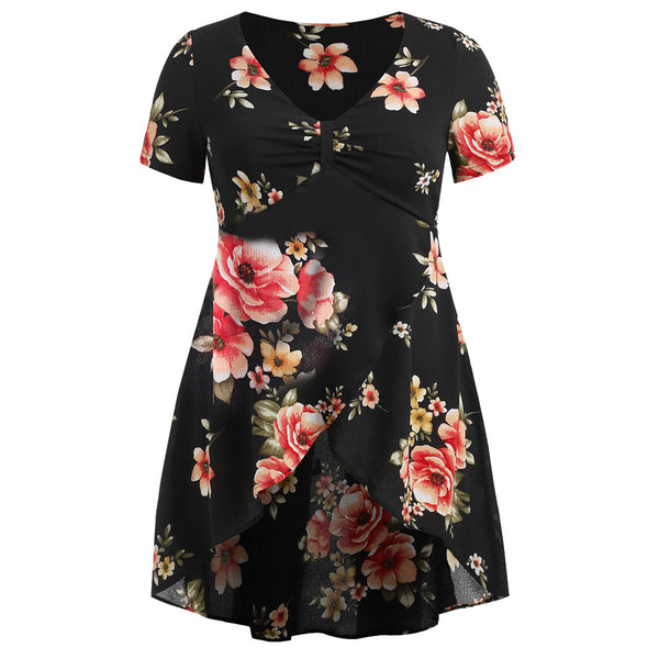 Women Polyester Regular Length Casual Short Sleeve Floral Pattern V-Neck Blouse