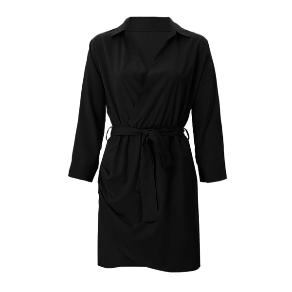 Women Elegant Long Sleeve knotted Waist solid Dress