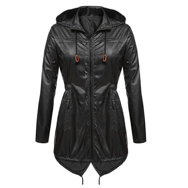 Women Polyester Casual Full Sleeve Regular Hooded Pocket Zipper Wide-waisted Solid Waterproof Rain Coat