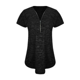 Women Regular Polyester Short Sleeve V-Neck Solid Zipper Cotton Blouse Tops