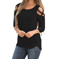 Women Polyester Regular Length Three Quarter Sleeve Solid O-Neck Crisscross Strappy Tops