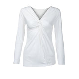 Fashion V-Neck Ruched Shirt Long Sleeve Solid Color Shirt