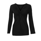 Fashion V-Neck Ruched Shirt Long Sleeve Solid Color Shirt