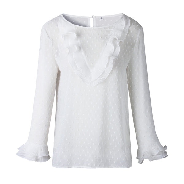 Ladies Elegant Casual Ruffles Lace Long Sleeves Top