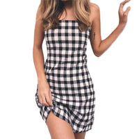 Women's Sexy Spaghetti Strap Mini Chess Board Pattern Trendy Backless Bow Tie Dress