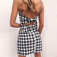 Women's Sexy Spaghetti Strap Mini Chess Board Pattern Trendy Backless Bow Tie Dress