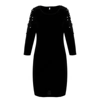 Women Stylish Lace Pearl Patch Work Three Quarter Hollow Cut Sleeves Party Dress