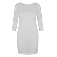 Women Stylish Lace Pearl Patch Work Three Quarter Hollow Cut Sleeves Party Dress