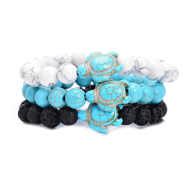 Summer Style Sea Turtle Beads Bracelets For Women Men Classic 8MM Blue Natural Stone Elastic Friendship Bracelet Beach Jewelry
