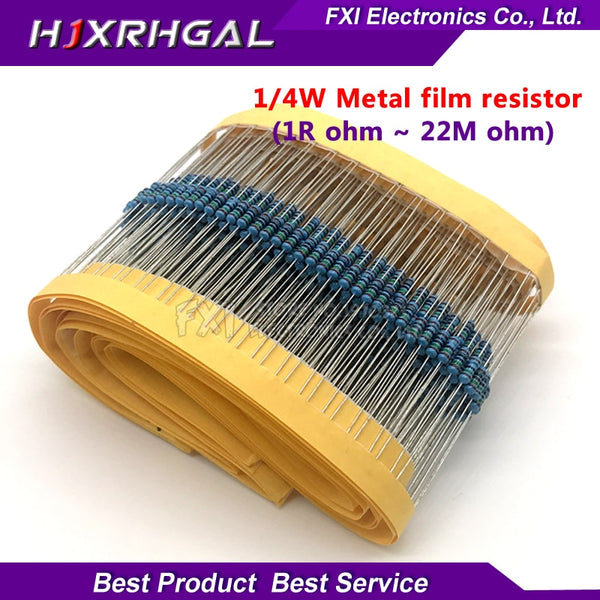 100pcs  1/4W 1R~22M 1% Metal film resistor 100R 220R 1K 1.5K 2.2K  4.7K 10K 22K 47K 100K 100 220 1K5 2K2  4K7 ohm resistance