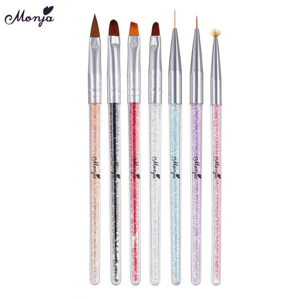 Monja 7 Styles Rhinestone Acrylic Handle Brushes Nail Art Line Flower Painting Coating Shaping Flat Fan Angle Pen