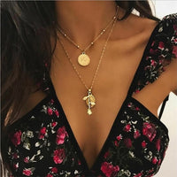 Vintage Carved Coin Necklace For Women Fashion Gold Color Medallion Necklace Multiple Layers Pendant Long Necklaces Boho Jewelry