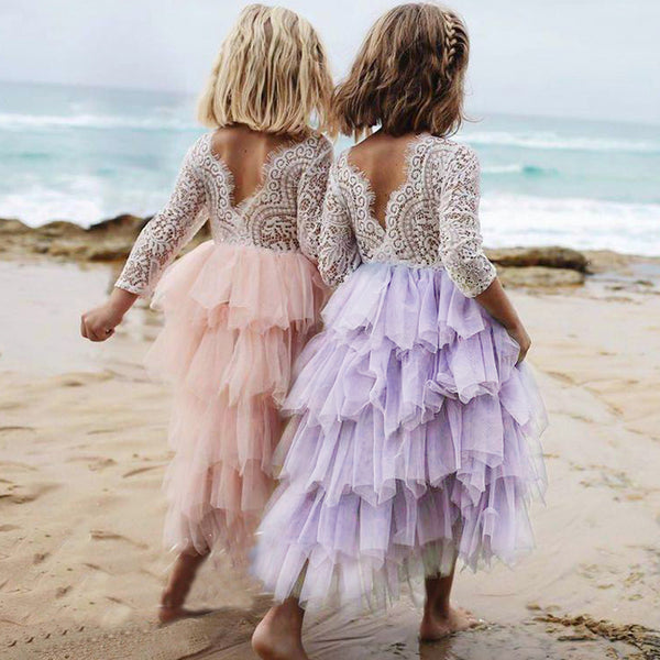 Toddler Kids Baby Girls Summer White Dresses Long Sleeve Party Prom Costume Girl Pageant Dancing Frocks Lace Tutu Layered Dress