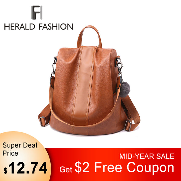HERALD FASHION Quality Leather Anti-thief Women Backpack Large Capacity Hair Ball School Bag for Teenager girls Male Travel Bags